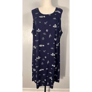 VTG 90s Novelty Print Sleeveless Dress Navy Blue Fish Nautical Plus 26W (2X)